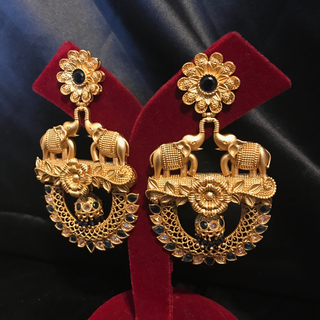 TANISHQ Designer Elephant (Hati) Antique Gold Earrings - Blackish Navy
