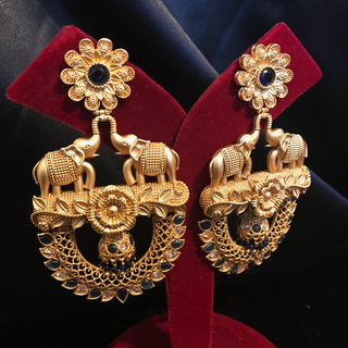 TANISHQ Designer Elephant (Hati) Antique Gold Earrings - Blackish Navy