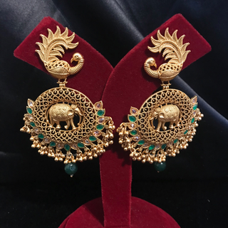 TANISHQ Designer Elephant (Hati) / Peacock Antique Gold Earrings - Emerald Green / Gold Combo