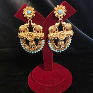 TANISHQ Designer Elephant (Hati) Antique Gold Earrings - Turquoise