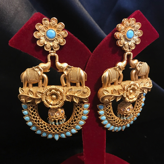 TANISHQ Designer Elephant (Hati) Antique Gold Earrings - Turquoise