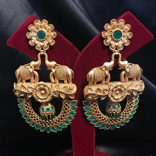 TANISHQ Designer Elephant (Hati) Antique Gold Earrings - Emerald Green