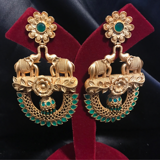 TANISHQ Designer Elephant (Hati) Antique Gold Earrings - Emerald Green