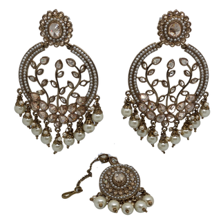 ALIA Designer Earring & Tikka Set - Pearl White / Golden