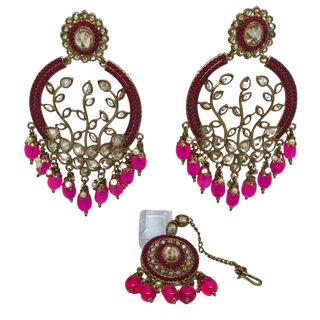 ALIA Designer Earring & Tikka Set - Hot Pink
