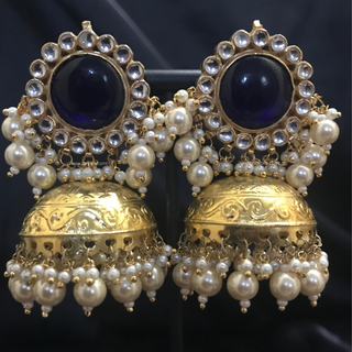 MAHARANI Pachi Kundan Large Jhumki Earrings & Tikka - Navy