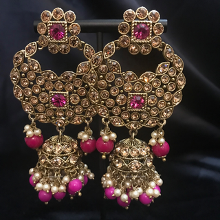 MAHIRA Antique Gold Earring & Tikka Set - Hot Pink