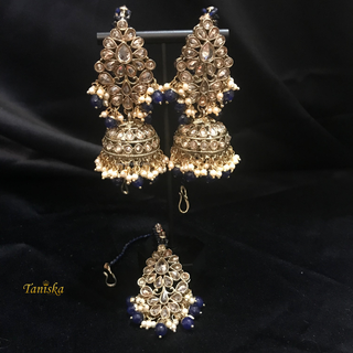 SHENAAZ Antique Gold Earring & Tikka Set (with Earring Chain, Sahare) - Navy / Golden
