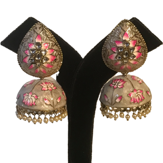 DEEPIKA Meenakari (Hand Painted) Jhumki - Pearl White / Pinkish Tones