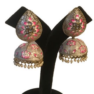 DEEPIKA Meenakari (Hand Painted) Jhumki - Pearl White / Pinkish Tones