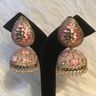 DEEPIKA Meenakari (Hand Painted) Jhumki - Pearl White / Pinkish Tones
