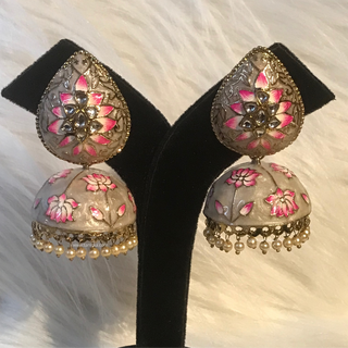 DEEPIKA Meenakari (Hand Painted) Jhumki - Pearl White / Pinkish Tones
