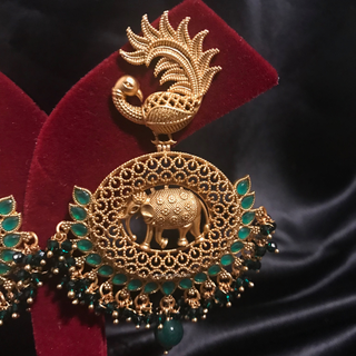TANISHQ Designer Elephant (Hati) / Peacock Antique Gold Earrings - Emerald Green