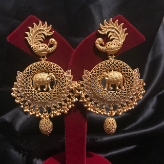 TANISHQ Designer Elephant (Hati) / Peacock Antique Gold Earrings - Golden Treasure