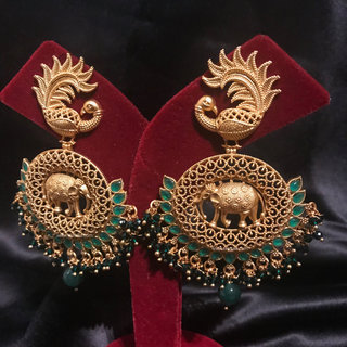 TANISHQ Designer Elephant (Hati) / Peacock Antique Gold Earrings - Emerald Green