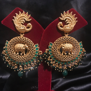 TANISHQ Designer Elephant (Hati) / Peacock Antique Gold Earrings - Emerald Green