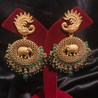 TANISHQ Designer Elephant (Hati) / Peacock Antique Gold Earrings - Emerald Green
