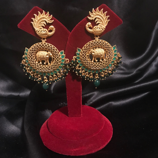 TANISHQ Designer Elephant (Hati) / Peacock Antique Gold Earrings - Emerald Green