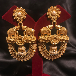 TANISHQ Designer Elephant (Hati) Antique Gold Earrings - Golden
