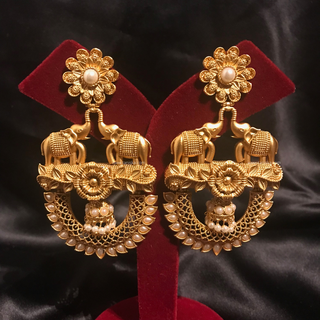 TANISHQ Designer Elephant (Hati) Antique Gold Earrings - Golden